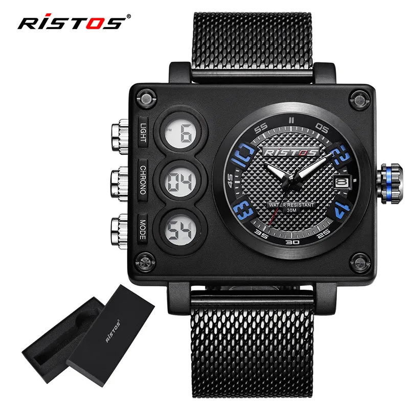 RISTOS, Топ бренд, повседневные многофункциональные мужские спортивные часы с хронографом, Цифровые мужские наручные часы, Relojes Masculino Hombre 9362 - Цвет: Blue Box