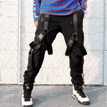 

Fitas fivela patchwork hip hop calças cargo dos homens multi-bolsos masculinos rua do punk corredores casuais calças táticas par