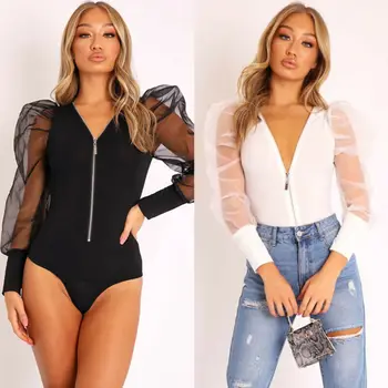 

2019 Fashion Trend Women's Bodycon Zipper Jumpsuit Long Puff Sleeve See Through Bodysuit Leotard Romper Autumn New Playsuit
