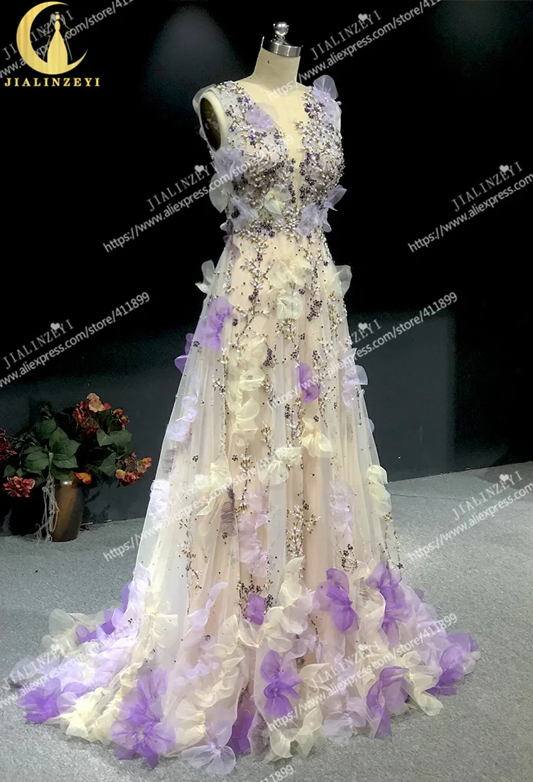 Rhine реальные фотографии фиолетовые цветы V шеи Marchesa Прекрасные бусы кристаллы А-силуэта вечерние платья