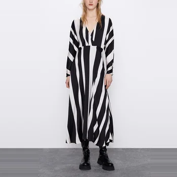 

Fashion Striped Temperament Puff Sleeve Dress Women V neck Elegant Party Dress Casual Vacation Beach Maxi Dress NX9432