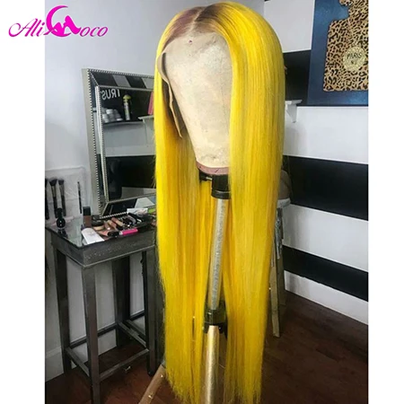 ALI Coco 150 Green Human Hair Wig Brazilian Remy Straight Yellow Lace Front Wig Pink Red Light Bule Purple Ombre Wigs For Women