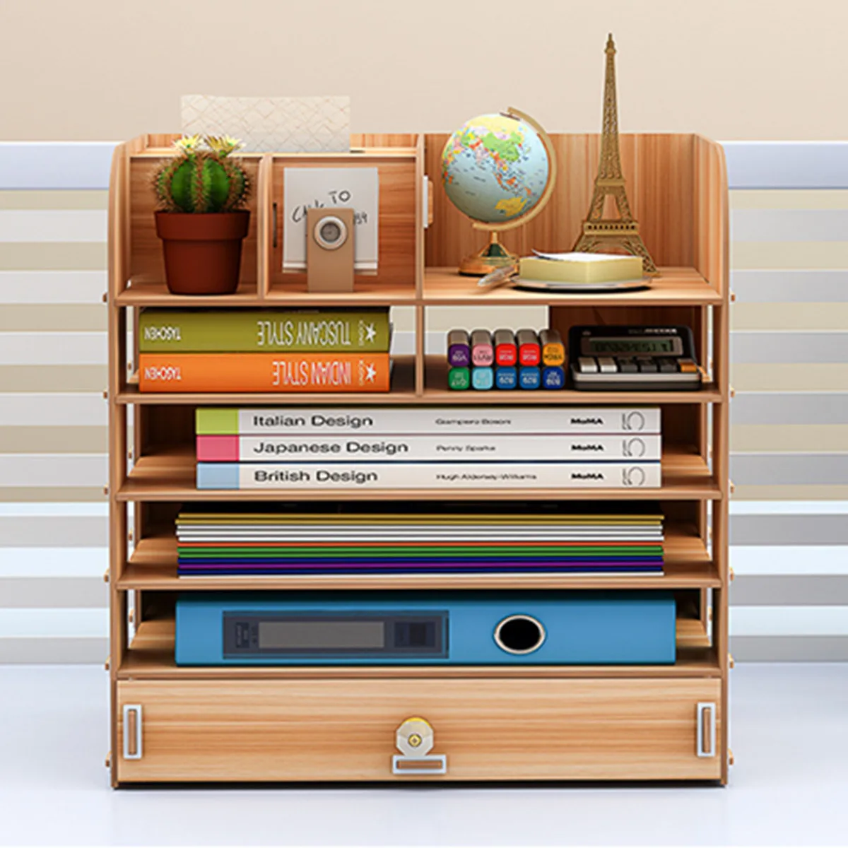 

Multifunctional Wooden Pen Holde Desktop Organizer Storage Box Jewelry Makeup Holder Stationery Office Storage Rack with Drawer