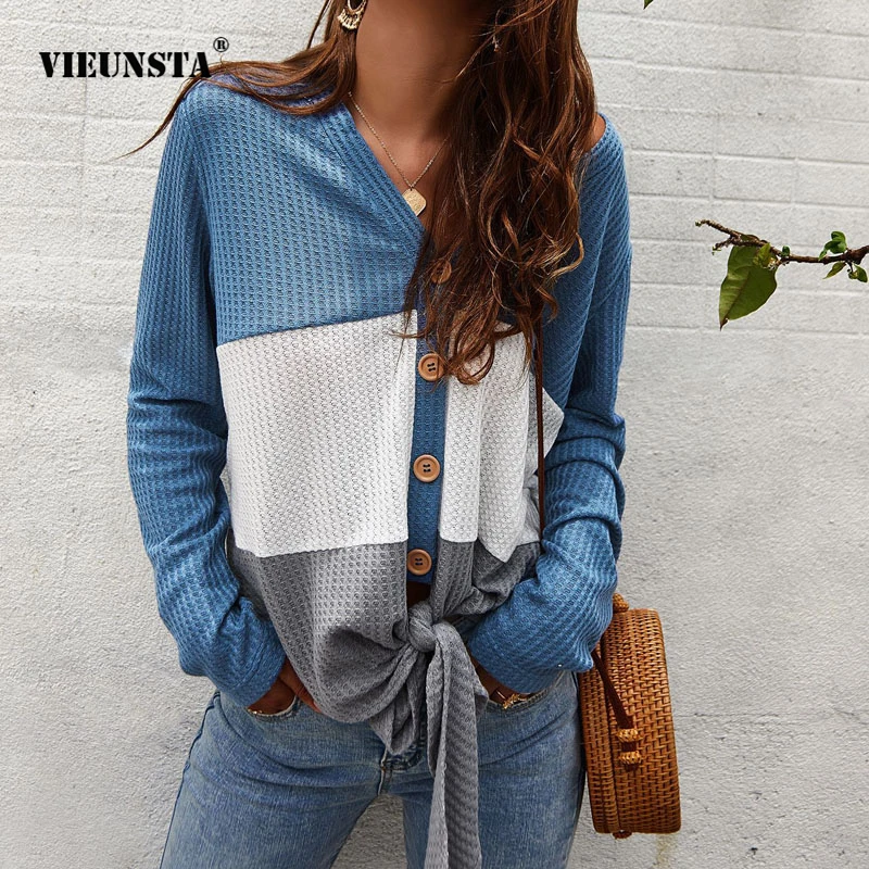 

VIEUNSTA Autumn Elegant Patchwork Knit Sweaters Sexy V-neck Button Lace up Cardigans Tops Women Long Sleeve Streetwear Sweaters