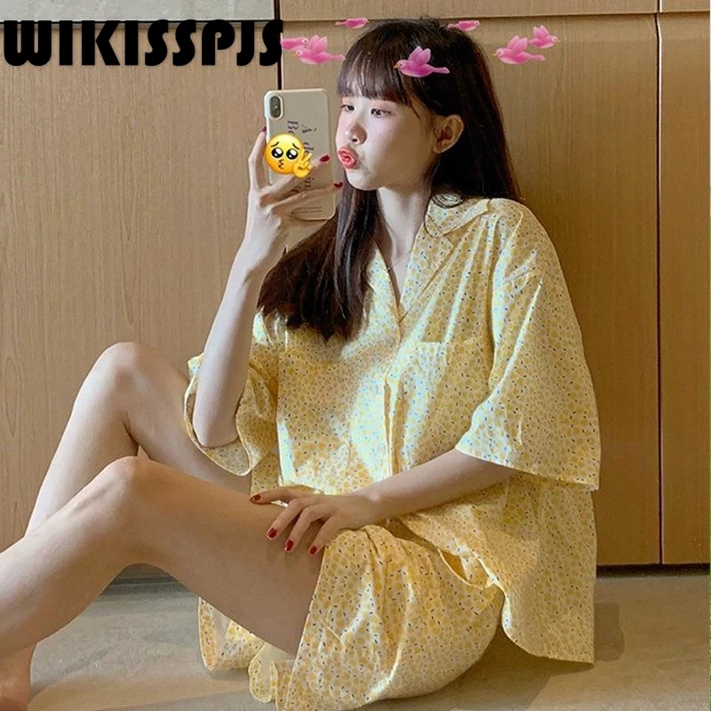 

WIKISSPJS Summer new light yellow Pajamas Set 2-piece girls' home wear pajamas for teen girls cute pijamas women