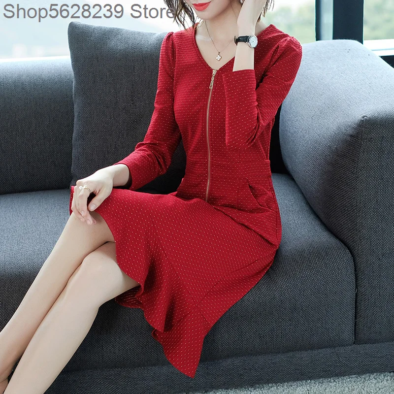 

Early Autumn Pack 2020 Female Red V Collar Lotus Leaf Edge Dress Autumn French Dress Skirt