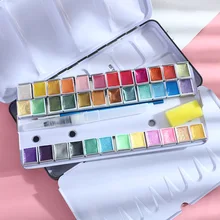 

12/24/48Colors Portable Pearlescent Glitter Solid Watercolor Paints Set With Water Brush Pen Foldable Travel Water Color Pigment