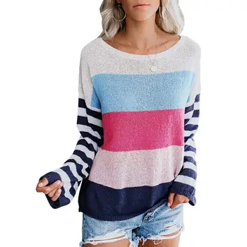 

Sweater Women Autumn Winter Long Sleeve Jumper Knitted Stitching color stripes Loose Fashion Pullover Sweater
