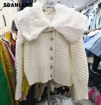

Cardigan Women New Winter Temperament Sweet Diamond Button Doll Collar Big Hair Collar Cardigan Sweater Women Short Jacket Coat