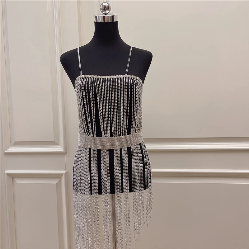 

New Design Luxury Long Tassel Shiny Rhinestone Sexy Body Chain Jewelry Bikini Dress Harness Crystal Bra Set Body Jewelry BoxGift