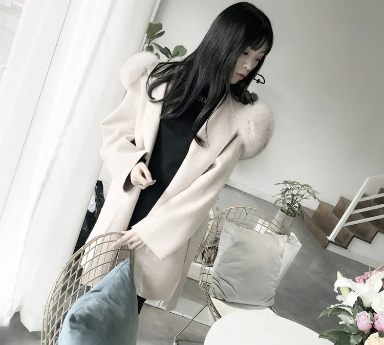 Women Wool Blend Coat fox Fur Collar Hooded jacket fashion new real fur coat long streetwear thick warm parka