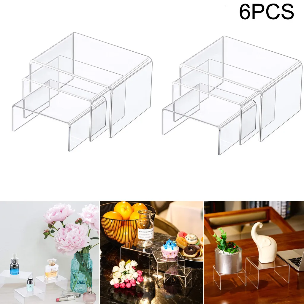 

6PCS Clear Acrylic Display Risers Jewelry Display Riser Shelf Showcase Fixture Home Storage Organization Shelf