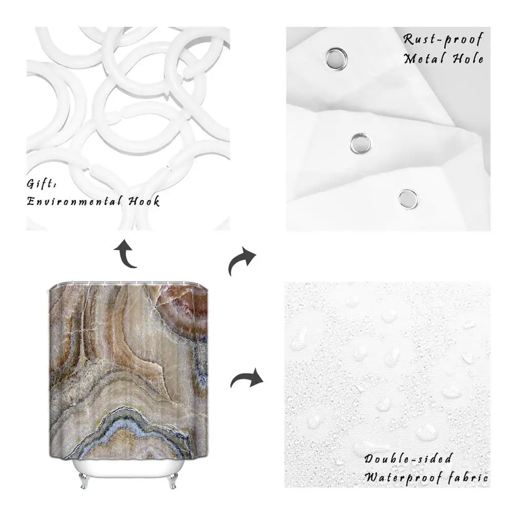 Мраморная занавеска для душа с сюрреалистичным ониксом, каменным узором, бледно-голубыми деталями, художественное изображение, тканевый набор для ванной комнаты, коричнево-серый