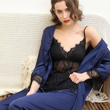 Модный женский халат и платье, комплект женского белья из 3 предметов, атласный Шелковый сексуальный кружевной слинг с длинными рукавами, домашний комплект для сна, одежда для сна