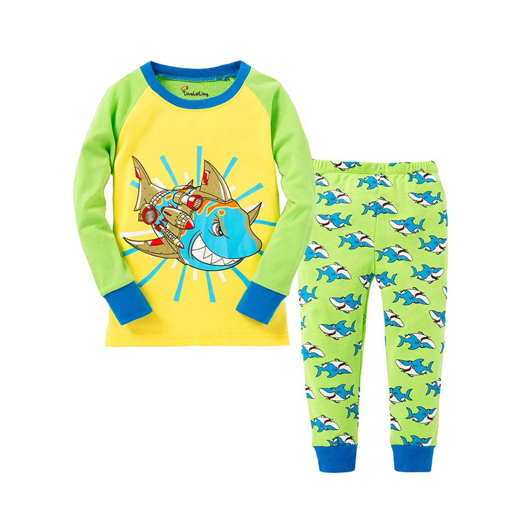 Пижамные комплекты для маленьких мальчиков с акулой Пижама с лошадками для девочек детская одежда для сна с пандой детская одежда для сна с длинными рукавами одежда для детей из хлопка