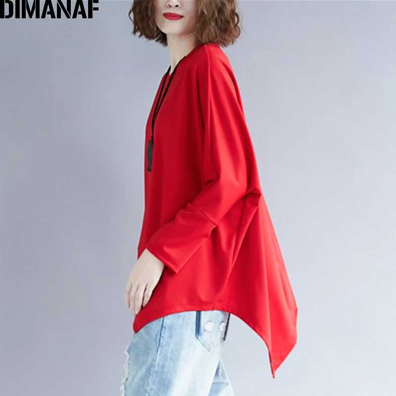 DIMANAF, женские футболки, женские топы, футболки, женская одежда, базовые, одноцветные, свободные, рукав летучая мышь, размера плюс, Осенние, туники, рубашки