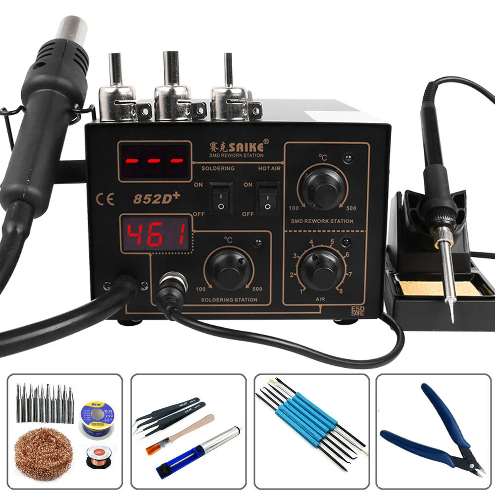 Паяльная станция SAIKE 852D + цифровой тепловой фен с помпой для распайки и ремонта