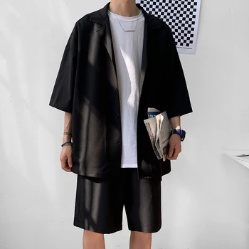 

Suit Korean Style Men's Set Jacket with Shorts Summer Men Clothing Harajuk Oversized Short Sleeve Shirt Knee-Length Pant for Men