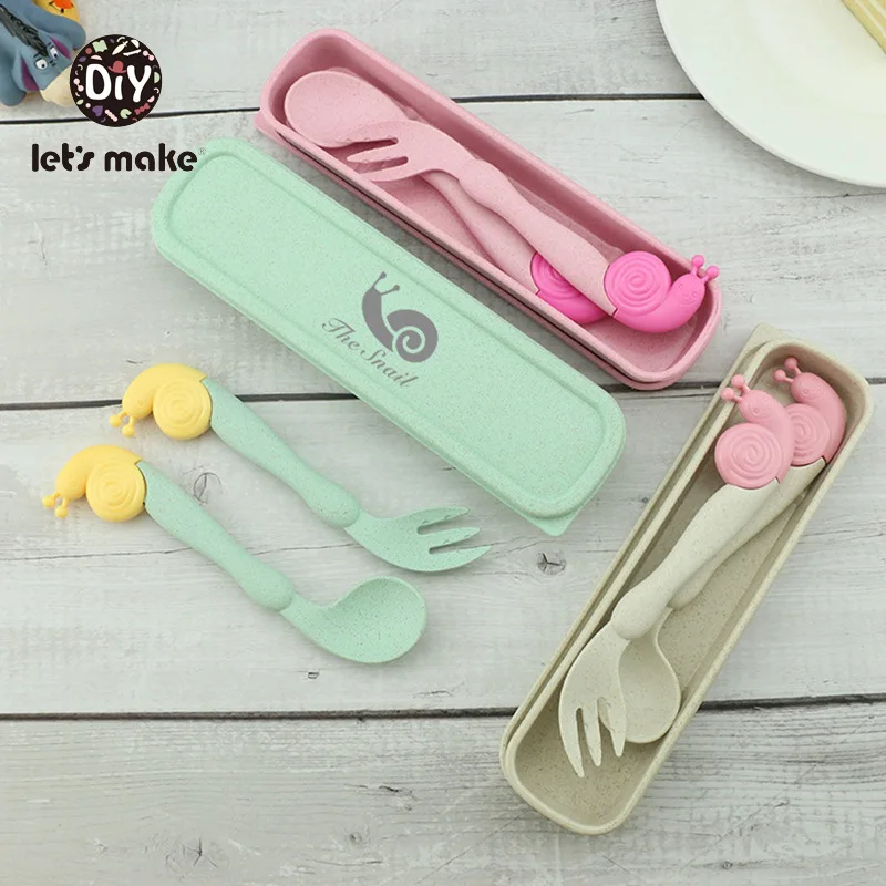 Let's Make Baby Feeding Spoons &amp Fork Cartoon Snails Dinnerware For Kids Food Grade Bamboo Children's Tableware Set Games | Мать и