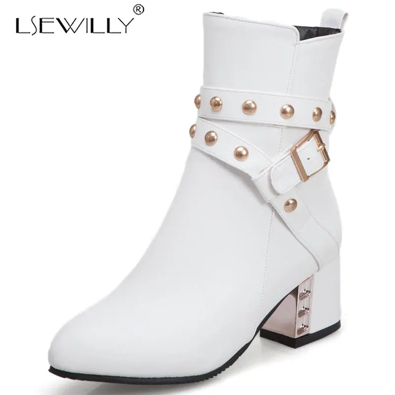

Lsewilly women shoes 2019 winter new fashion round toe rivet buckle ankle boots outside high heels zip shoes Size 32-48 K180