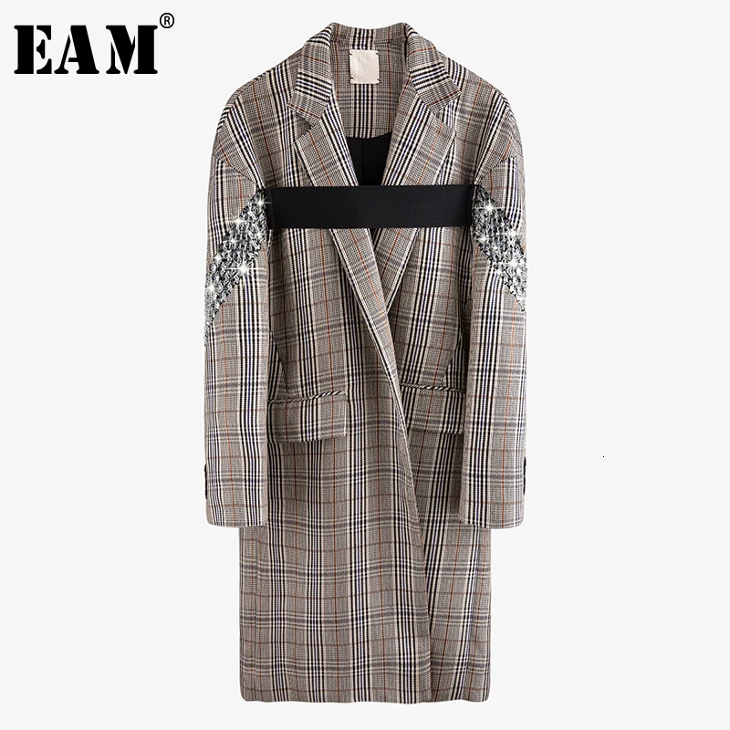 

[EAM] Loose Fit Rhinestone Plaid Split Big Size Woolen Coat Parkas New Long Sleeve Women Fashion Tide Autumn Winter 2020 1R065