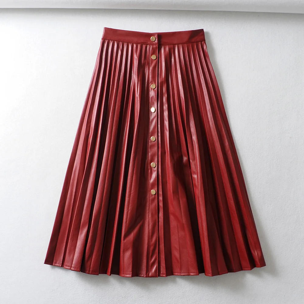 Tangada, женская красная юбка миди из искусственной кожи, винтажная, женская,, офисная, женская, элегантная, шикарная, на пуговицах, плиссированная, миди, юбки 6A312 - Цвет: Красный