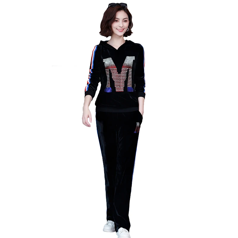

Hot drilling Gold velvet women 2pcs casual sports set autumn fashion sweatershirt pants suit