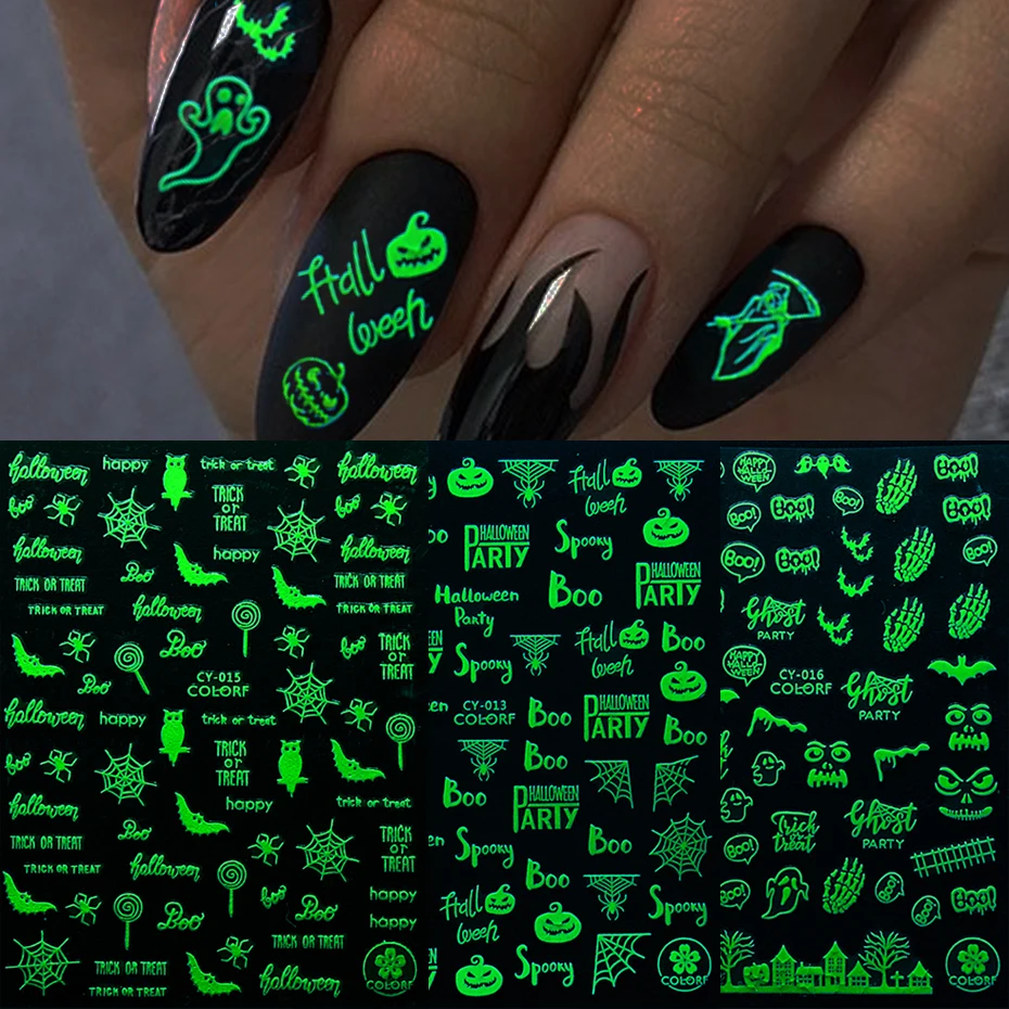 3D Halloween Nail Art Slider Glow In The Dark Luminous Sticker Pumpkin Spider Star Moon Decals Polish Decors JICY001-017 | Красота и