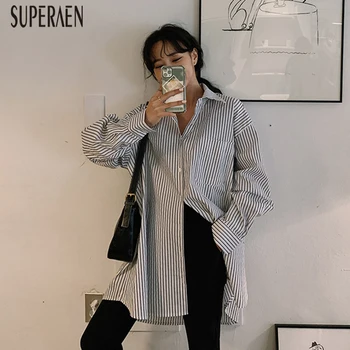 

SuperAen 2020 Spring New Shirts Women Korean Style Cotton Wild Casual Ladies Blouses and Tops Long Sleeve Striped Women Clothing