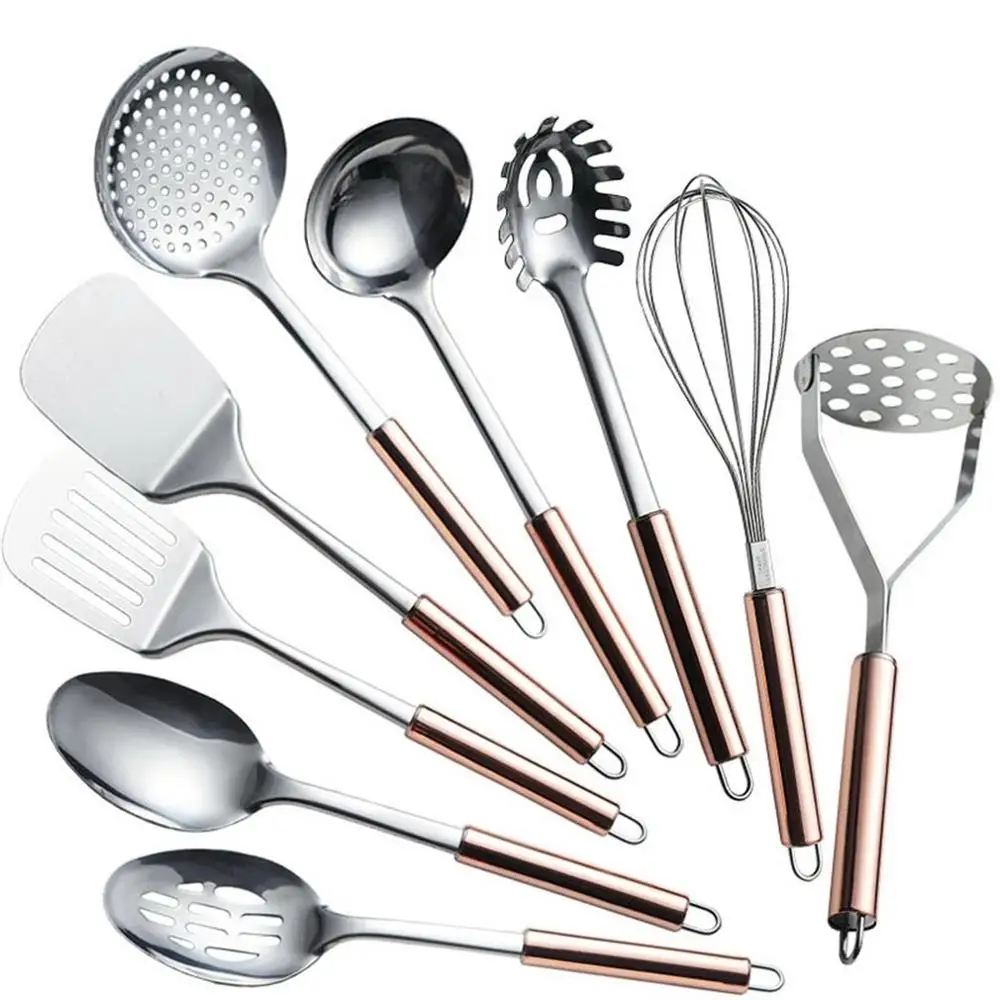 

9PCS Cooking Utensils Set Stainless Steel Kitchen Set Spatula Spoon Colander Kitchen Tools with Titanium Plated Handle hot sale