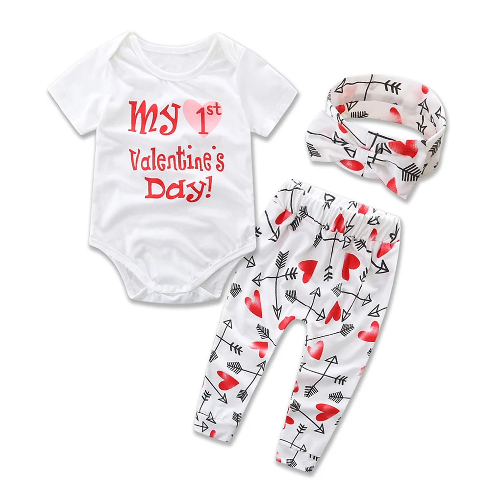 PatPat/комплект из 3 предметов с принтом «My Valentine's Day» и повязкой на голову, на весну, осень и зиму, хлопок, Повседневный, круглый вырез, короткий рукав