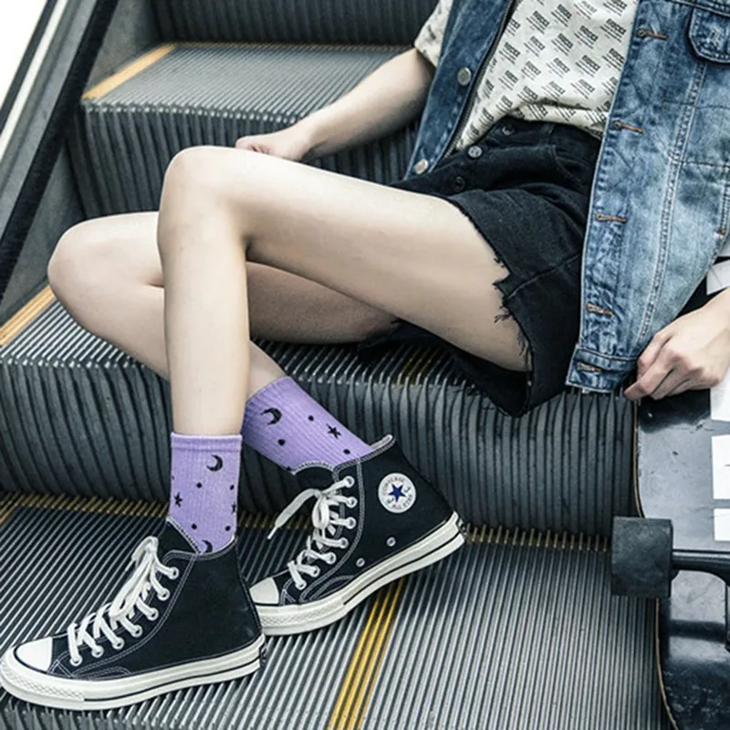 Хлопковые носки Harajuku носки с изображением Луны Tide Брендовые спортивные носки однотонные женские носки фиолетовый черный для женщин