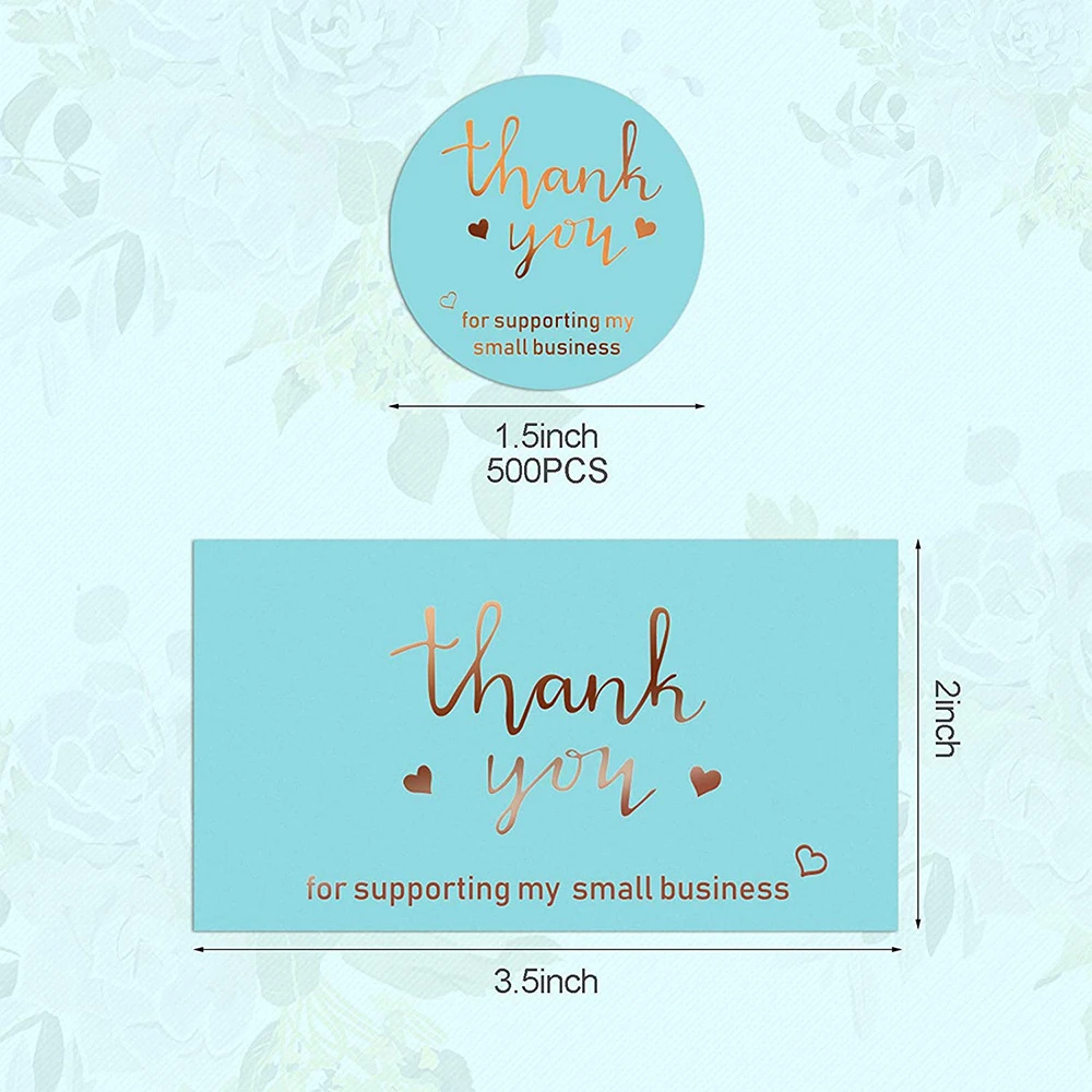 Blue Thanks Greeting Card Thank You for Supporting My Small Business Gold Leaf Card Packaging Decoration Sticker 10-500Pcs