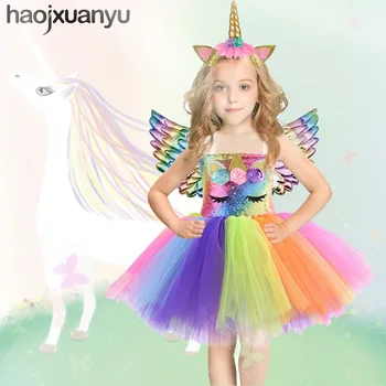 

Halloween Cosplay Costume for Unicorn Birthday Party Mesh Unicorn Tutu Princess Flowers Dress for Girls Can Add Headwear Wings