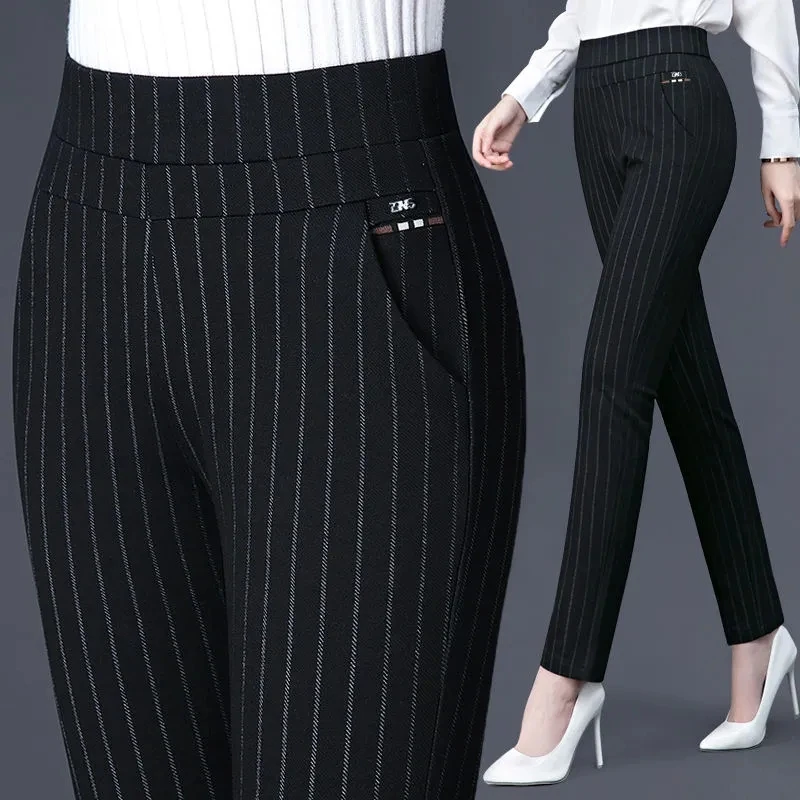 Autumn Winter Add Fleece Thicken Tight High Waist Casual Pants Elasticity  Stripe Middle Aged Women's Trousers Straight Trousers