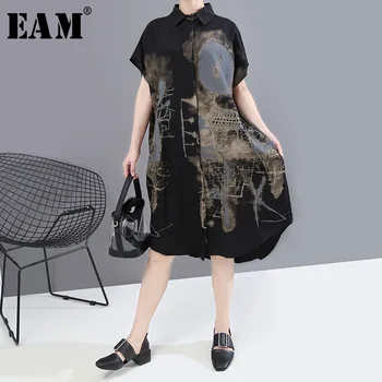 

[EAM] Women Black Pattern Printed Split Big Size Shirt Dress New Lapel Short Sleeve Loose Fit Fashion Spring Summer 2020 1T452