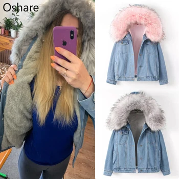 

NEW denim jacket female winter big fur collar Korean locomotive lamb coat female student short coat Winter Clothes