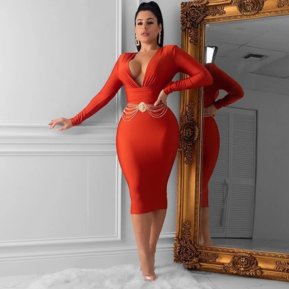 

Red V Neck Long Sleeve Over Knee Girdle Bandage Dress PF19127-Red