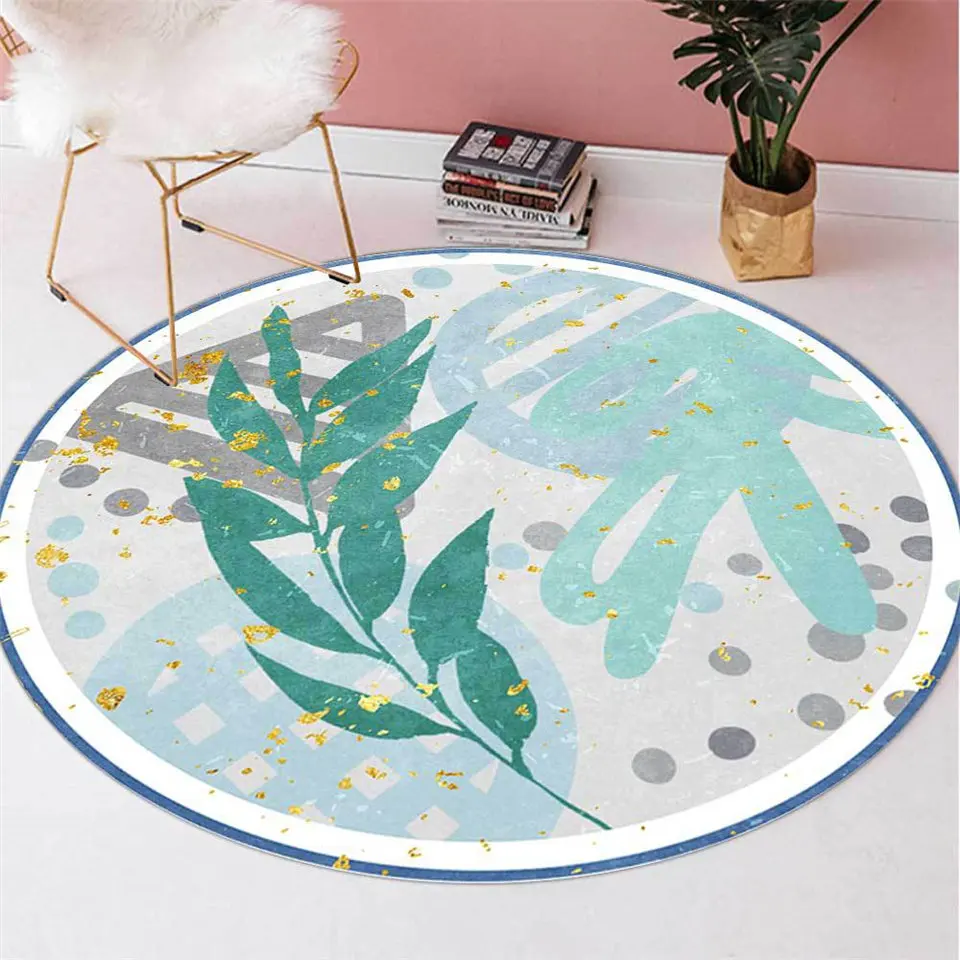 Nordic Fresh Style Light Green Leaf Grass Round Rug Carpets Girl Room Bedroom Bedside Mat Chair Mat Home Decor
