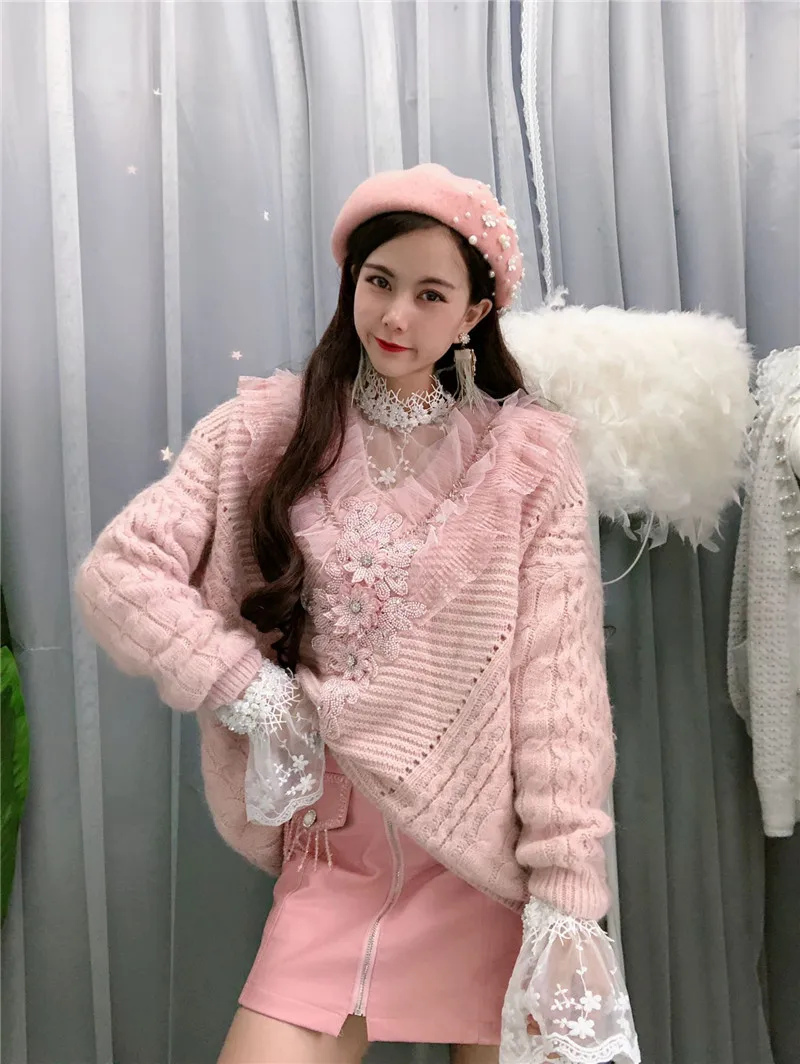 Winter Women Handwork Beaded Flowers Sweater Lace Patchwork V-Neck Pink Sweet Warm Sweater Jumper Top Casual Knitted Pullover