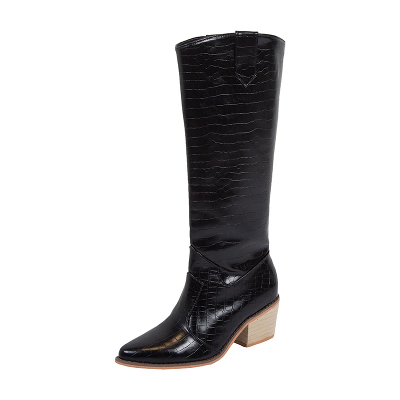 black Women Winter Warm Knee High Boots Patent Leather Mid Heels Ladies Fashion Pointed Toe Women's Slip On Plus Size New Shoes - Цвет: black