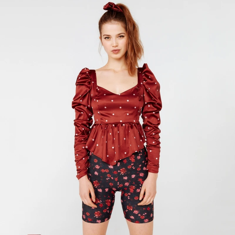 Стильный дизайн для любимой labelle длинной баской блузка и рубашка малиновый асимметричное платье с квадратным вырезом с пышными рукавами и оборками рубашка