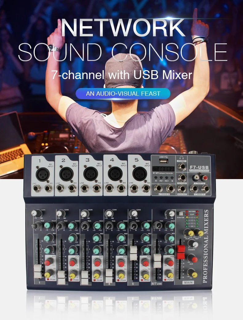 7-канальный USB цифровой Миксер для караоке bluetooth Live Studio аудио микшерная консоль