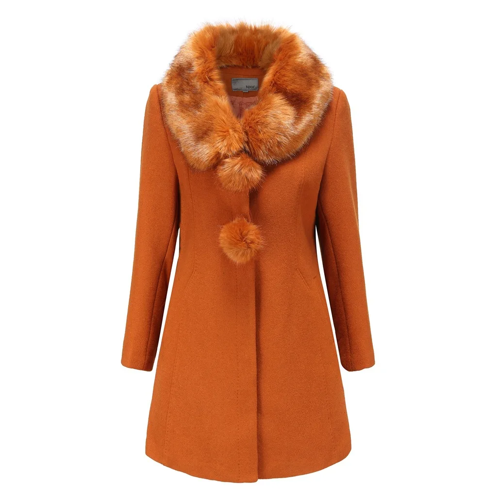 Винтажное теплое зимнее шерстяное женское длинное шерстяное пальто с меховым воротником Женское шерстяное пальто элегантная однобортная верхняя одежда - Цвет: Оранжевый