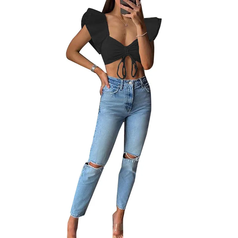 

Women Blouse Street Style Big Open Deep V-neck Low-Cut Chest Exposed Navel Ruched Short Butterfly Sleeve Shirt