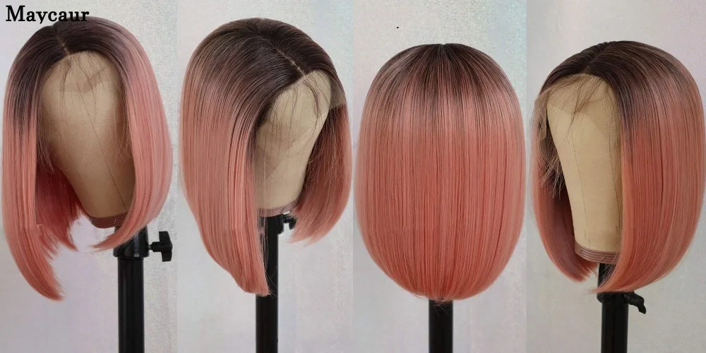 Maycaur волосы Омбре короткий боб синтетический кружевной передний парик натуральный головной убор прямые волосы кружевные парики цветные с детскими волосами для женщин