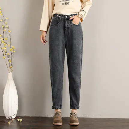 Gowyimmes/зимние повседневные женские вельветовые джинсы с высокой талией и длиной до щиколотки, винтажные джинсы больших размеров для мам, джинсовые штаны, брюки 621 - Цвет: grey normal