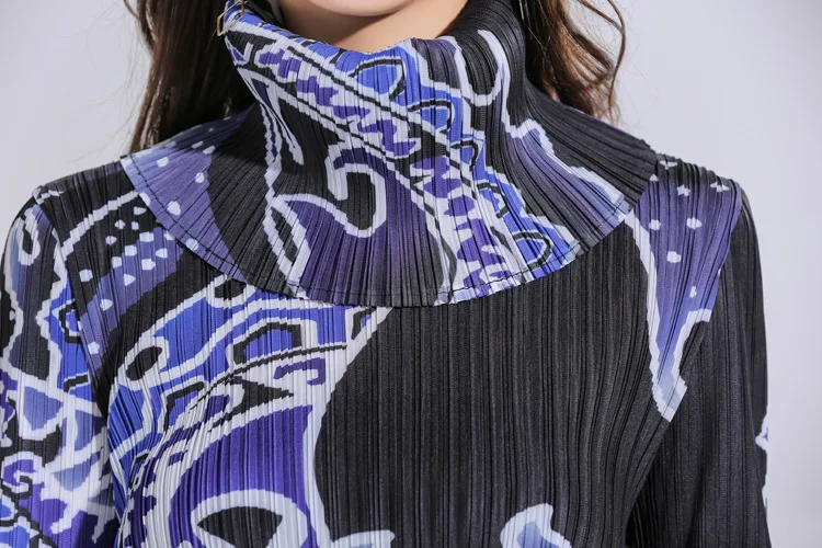 Miyake fold набор с цифровым принтом, футболка с длинными рукавами и высоким воротником+ широкие прямые брюки, комплект со штанами