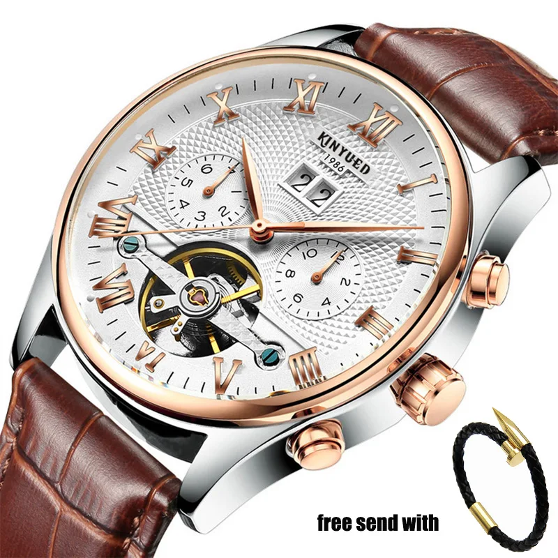 

Genuine Leather Mens Mechanical Watches Hollow Moon Phase Automatic Tourbillon Watch Men Classic Calendar Relogio Masculino