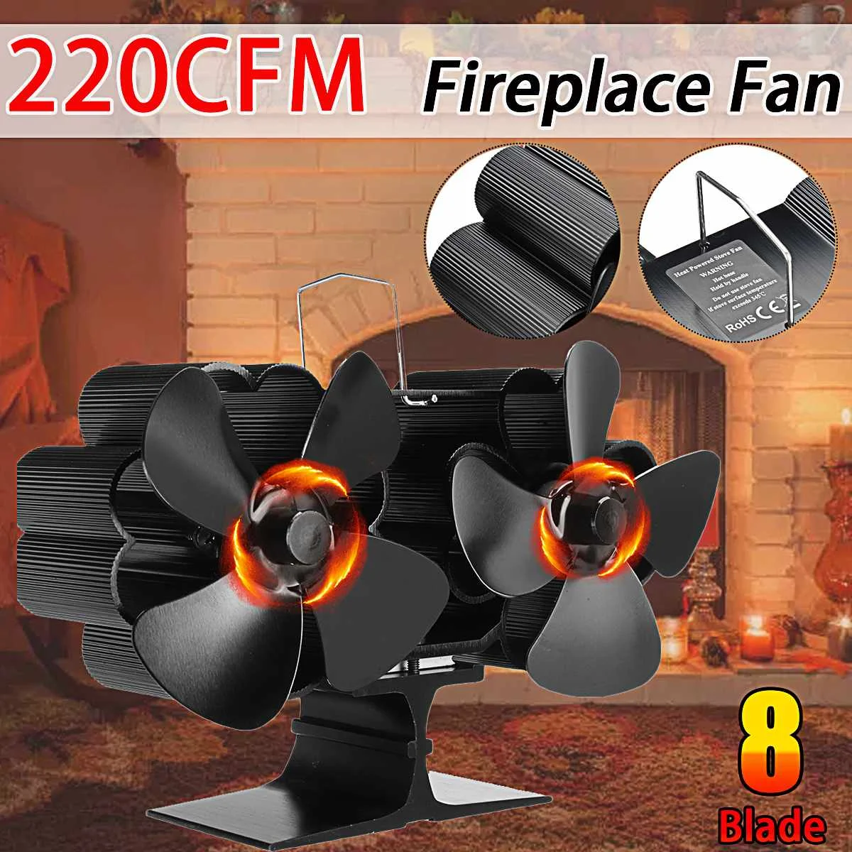 Dual Head Black Stove Fan 8 Blade Heat Powered Fireplace Fan Log Wood